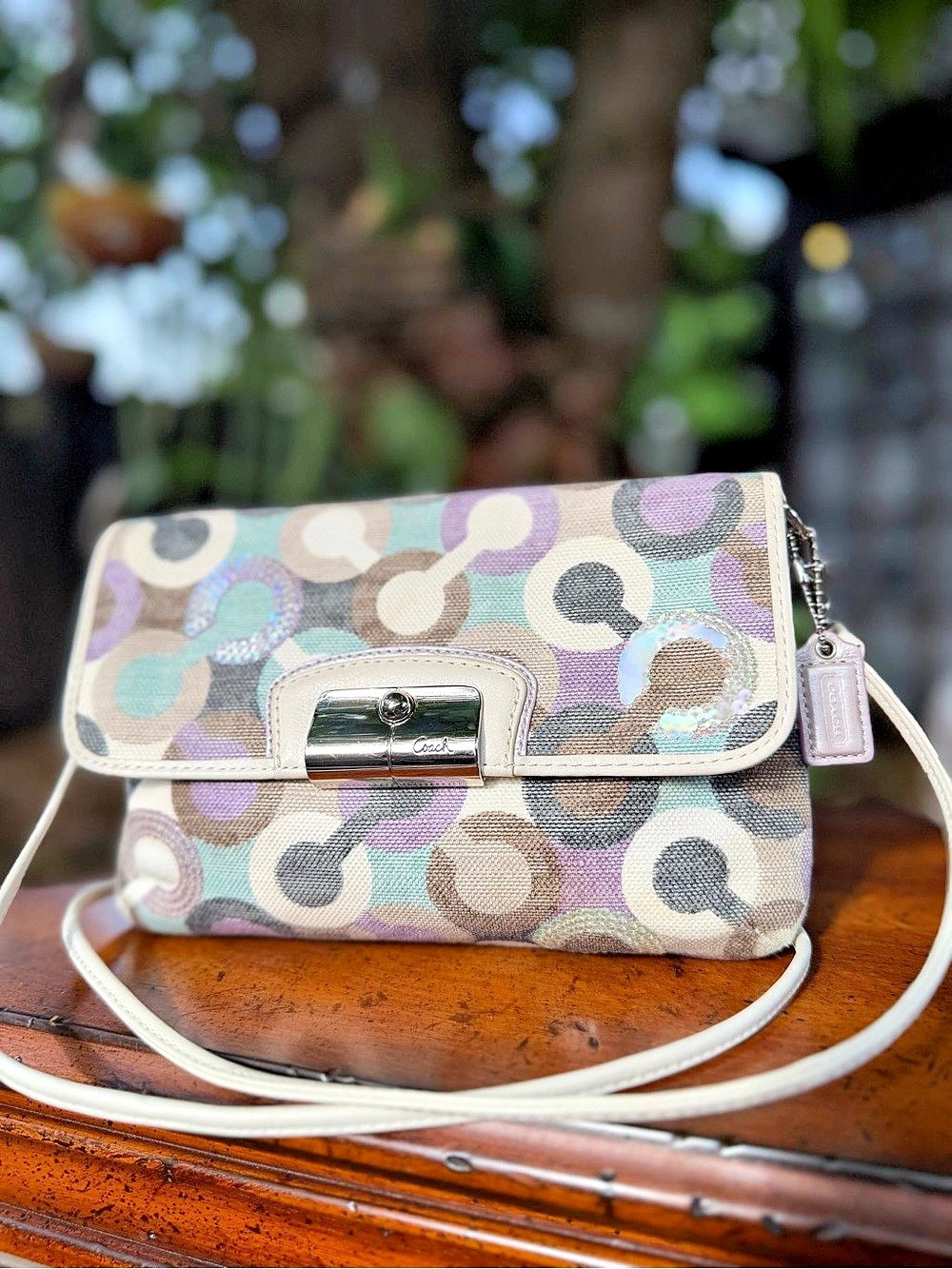 Coach Kristin Op Art Sequin Flap Crossbody/Shoulder Bag – lavender